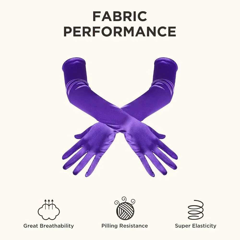 Women's Purple Vintage Satin Long Gloves Party Costume Stretchy Elbow Length